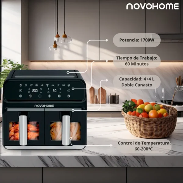 Freidora de Aire Novohome Digital 8Lts Doble Canastos 4+4 1700W NH-AF DUAL 100W - Image 3